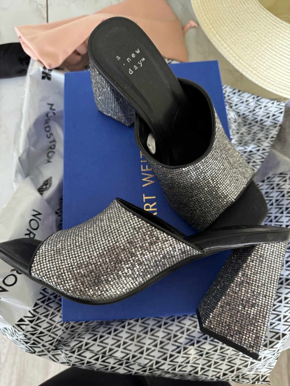 a new day Silver Glitter Block Heel Mules Size 9